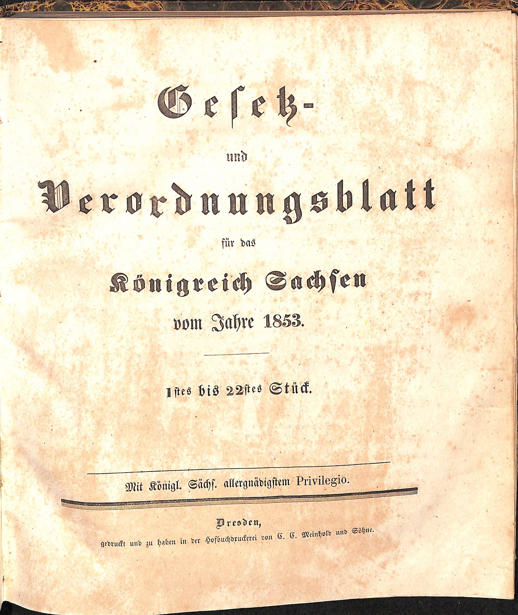Gesetz- und Verordnungsblatt für das Königreich Sachsen vom Jahre 1853 (HEIMATWELTEN Zwönitz - Raritätensammlung Bruno Gebhardt CC BY-NC-SA)