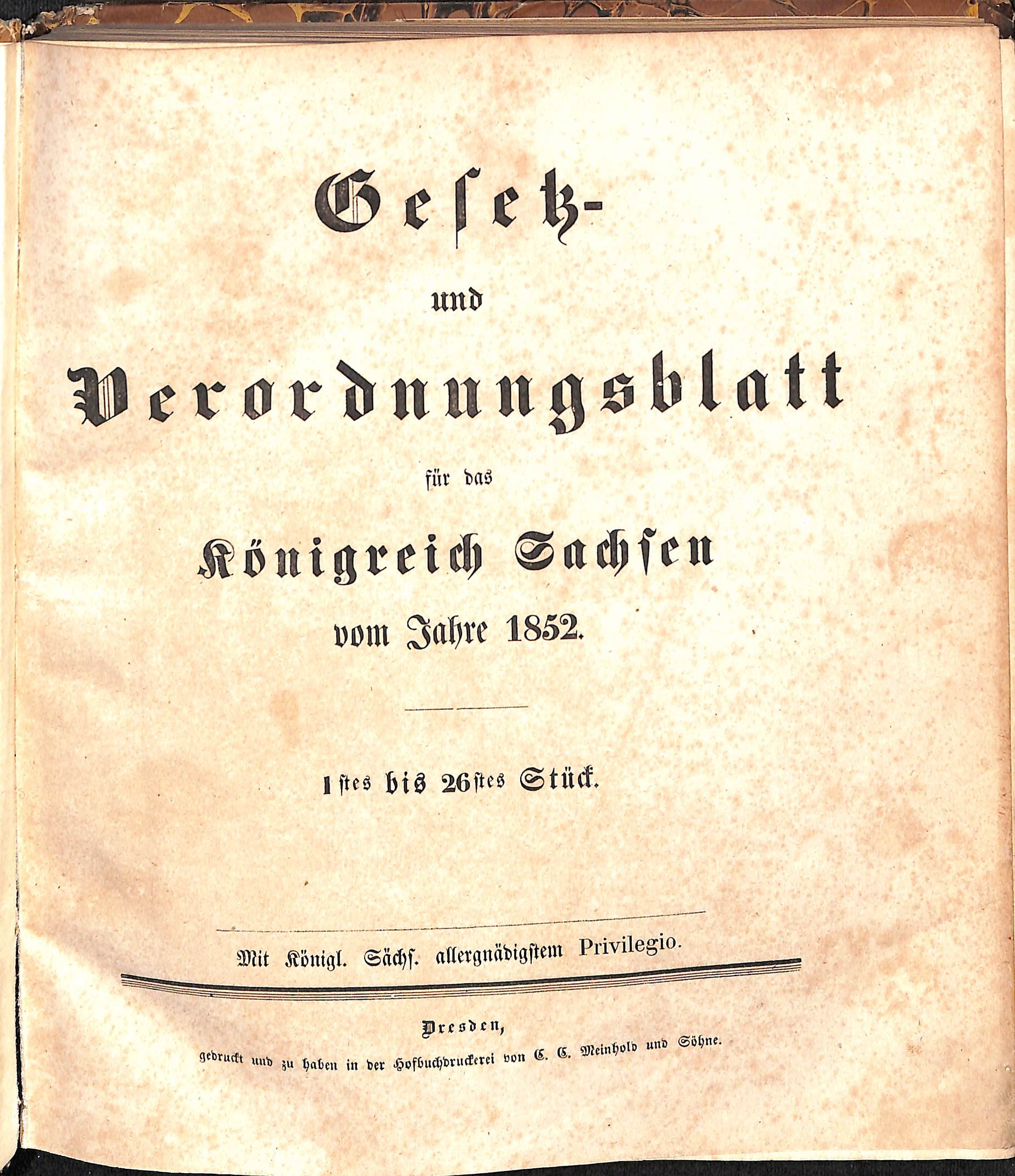 Gesetz- und Verordnungsblatt für das Königreich Sachsen vom Jahre 1852 (HEIMATWELTEN Zwönitz - Raritätensammlung Bruno Gebhardt CC BY-NC-SA)