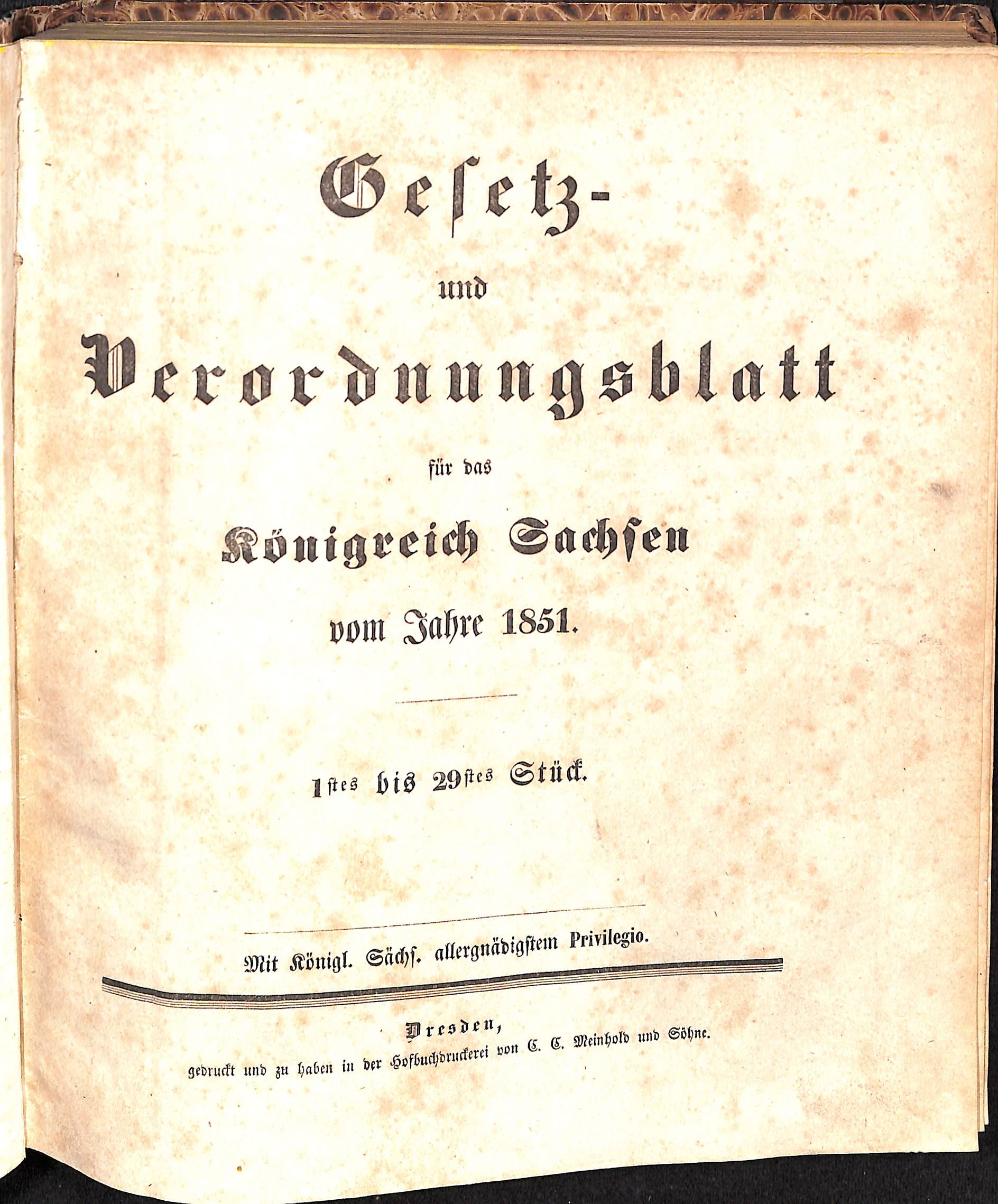 Gesetz- und Verordnungsblatt für das Königreich Sachsen vom Jahre 1851 (HEIMATWELTEN Zwönitz - Raritätensammlung Bruno Gebhardt CC BY-NC-SA)