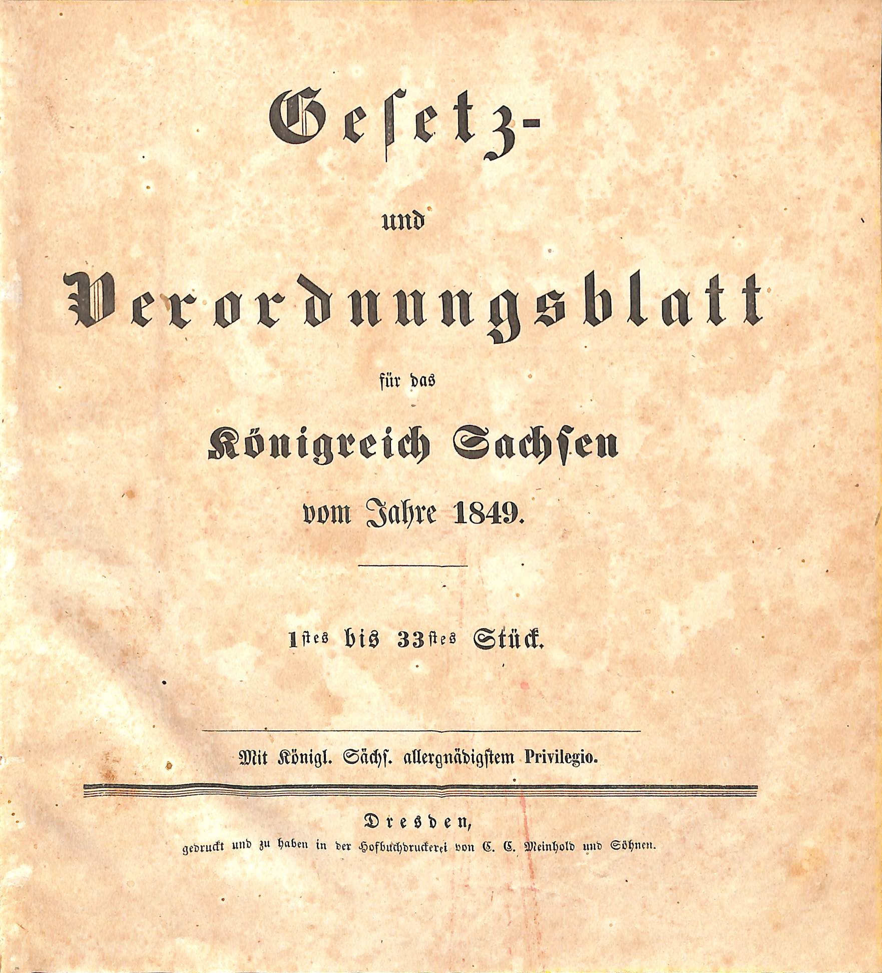 Gesetz- und Verordnungsblatt für das Königreich Sachsen vom Jahre 1849 (HEIMATWELTEN Zwönitz - Raritätensammlung Bruno Gebhardt CC BY-NC-SA)