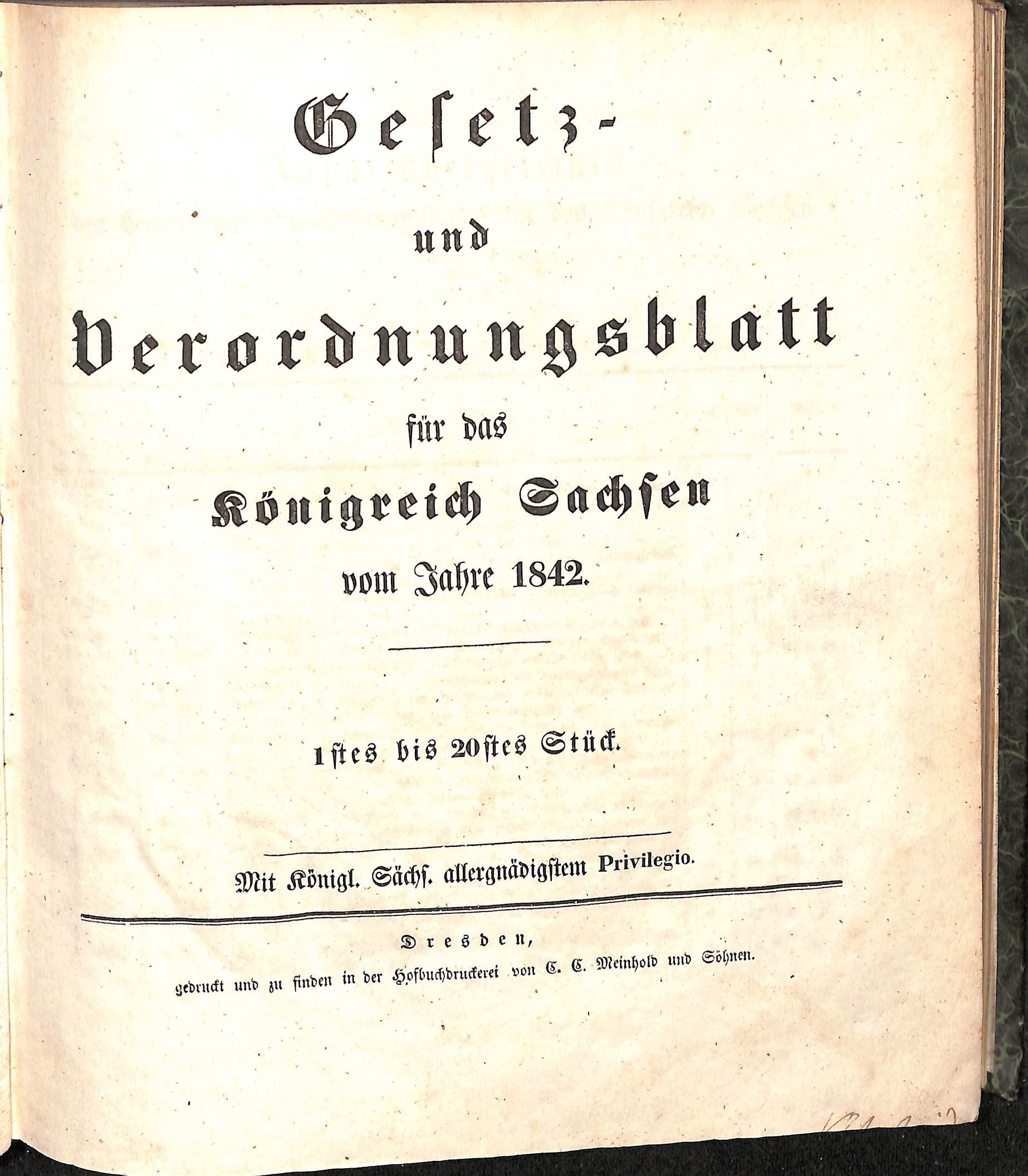 Gesetz- und Verordnungsblatt für das Königreich Sachsen vom Jahre 1842 (HEIMATWELTEN Zwönitz - Raritätensammlung Bruno Gebhardt CC BY-NC-SA)