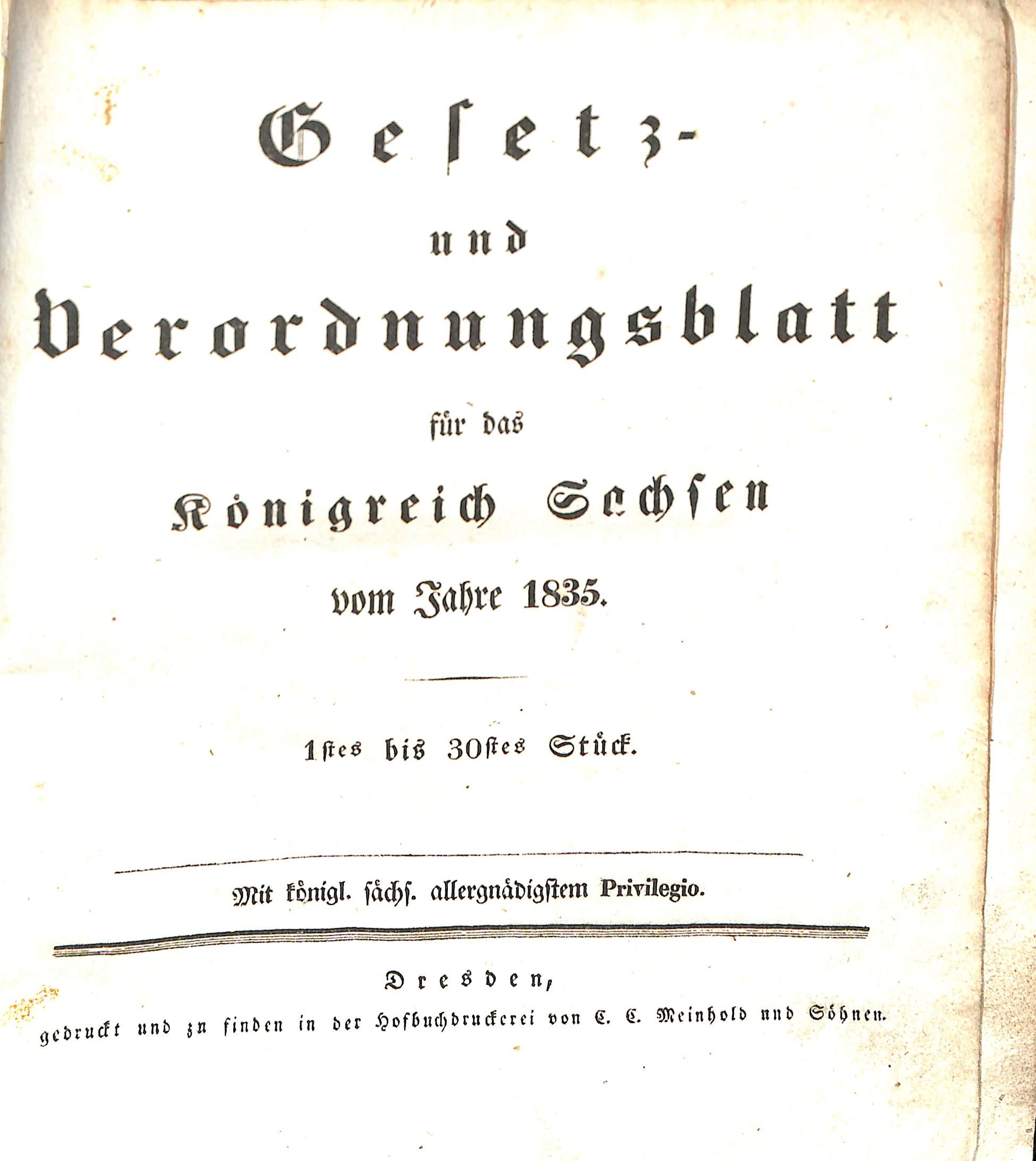 Gesetz- und Verordnungsblatt für das Königreich Sachsen vom Jahre 1835 (HEIMATWELTEN Zwönitz - Raritätensammlung Bruno Gebhardt CC BY-NC-SA)