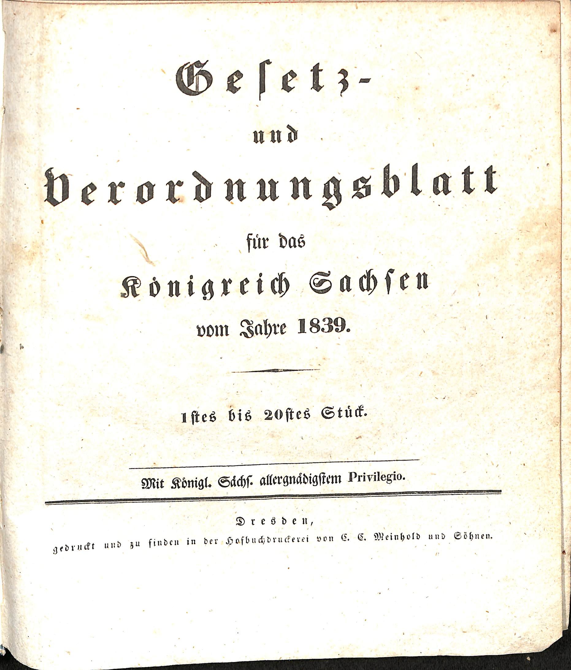 Gesetz- und Verordnungsblatt für das Königreich Sachsen vom Jahre 1839 (Heimatwelten Zwönitz CC BY-NC-SA)
