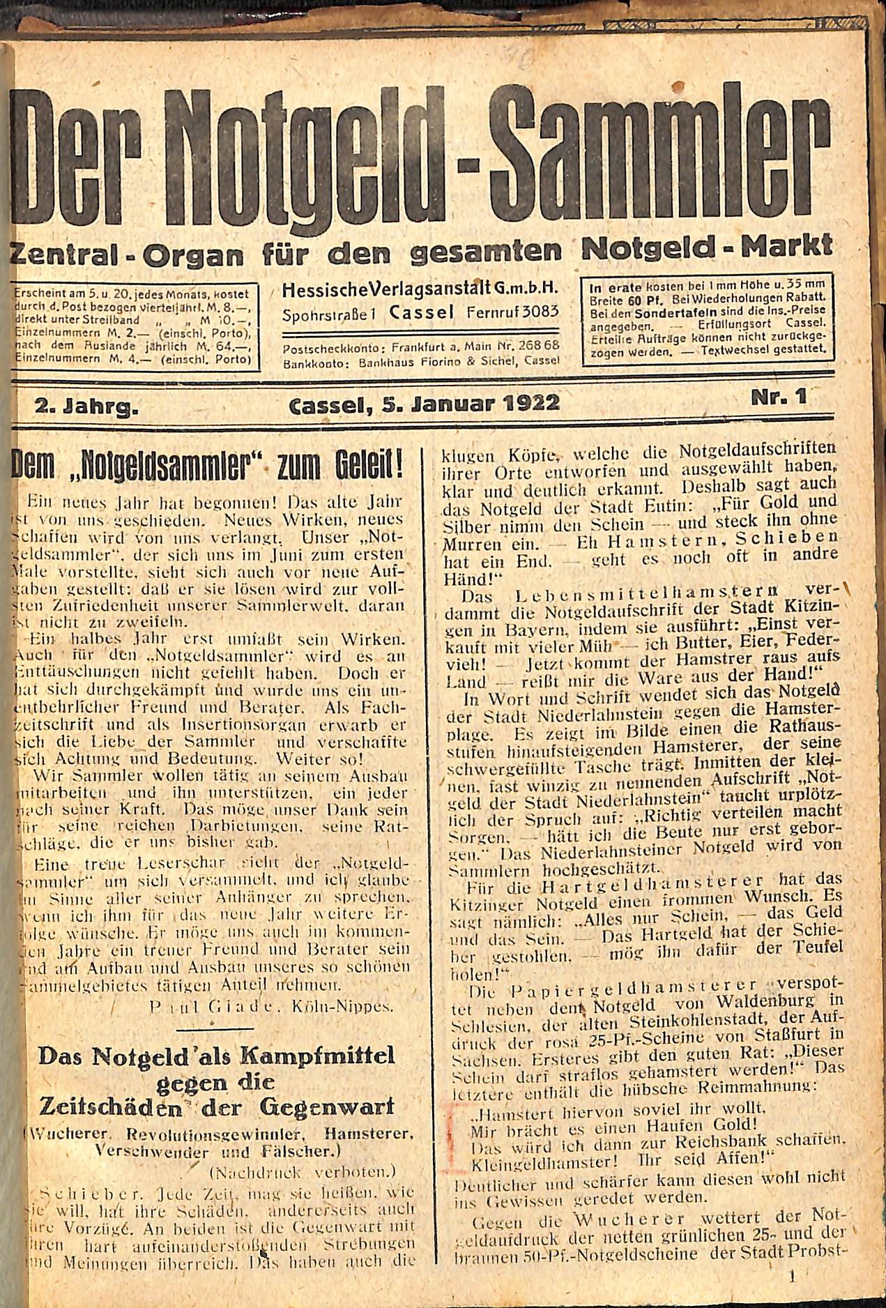 Der Notgeld-Sammler 2.Jahrgang, 1922, Nr. 1 bis Nr. 12 (Heimatwelten Zwönitz CC BY-NC-SA)