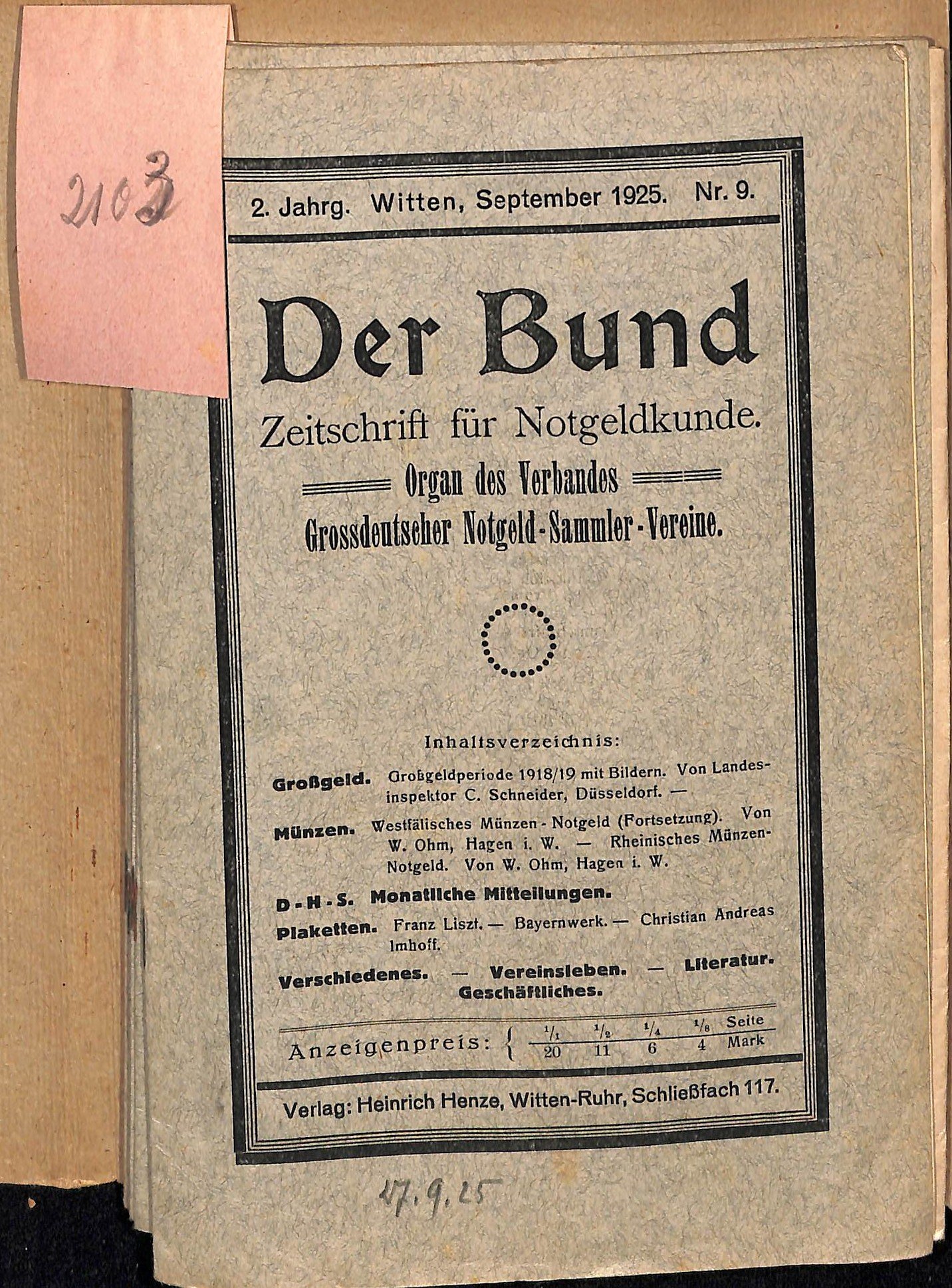 Der Bund - Zeitschrift für Notgeldkunde Jahrgang 1925 Nr. 1 bis Nr. 9 (Heimatwelten Zwönitz CC BY-NC-SA)