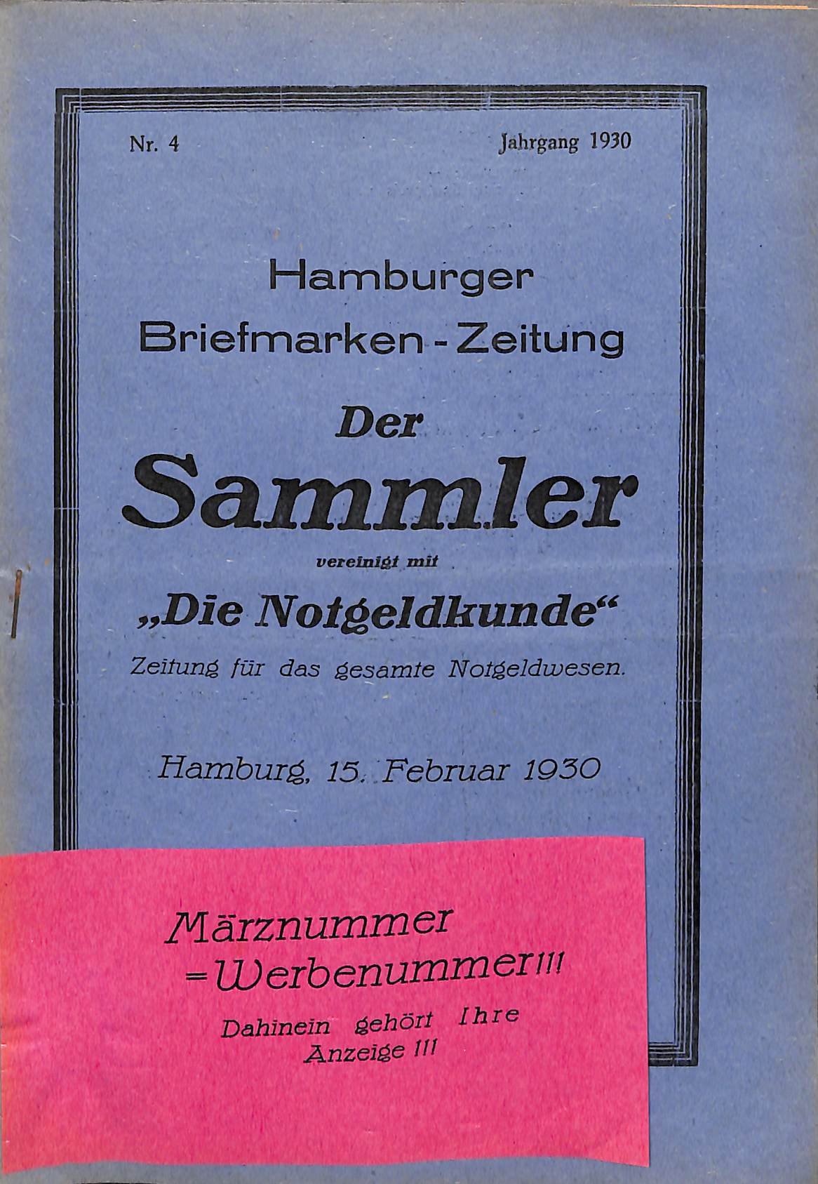 Hamburger Briefmarkenzeitung "Der Sammler" vereinigt mit "Die Notgeldkunde" 1930 Nr. 4 (Heimatwelten Zwönitz CC BY-NC-SA)