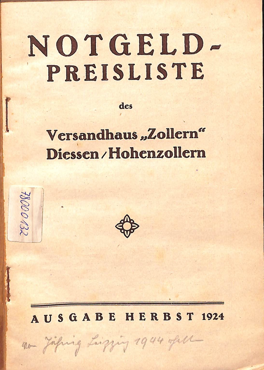 Notgeld-Preisliste des Versandhaus "Zollern", Frühjahr 1925 (HEIMATWELTEN Zwönitz - Raritätensammlung Bruno Gebhardt CC BY-NC-SA)