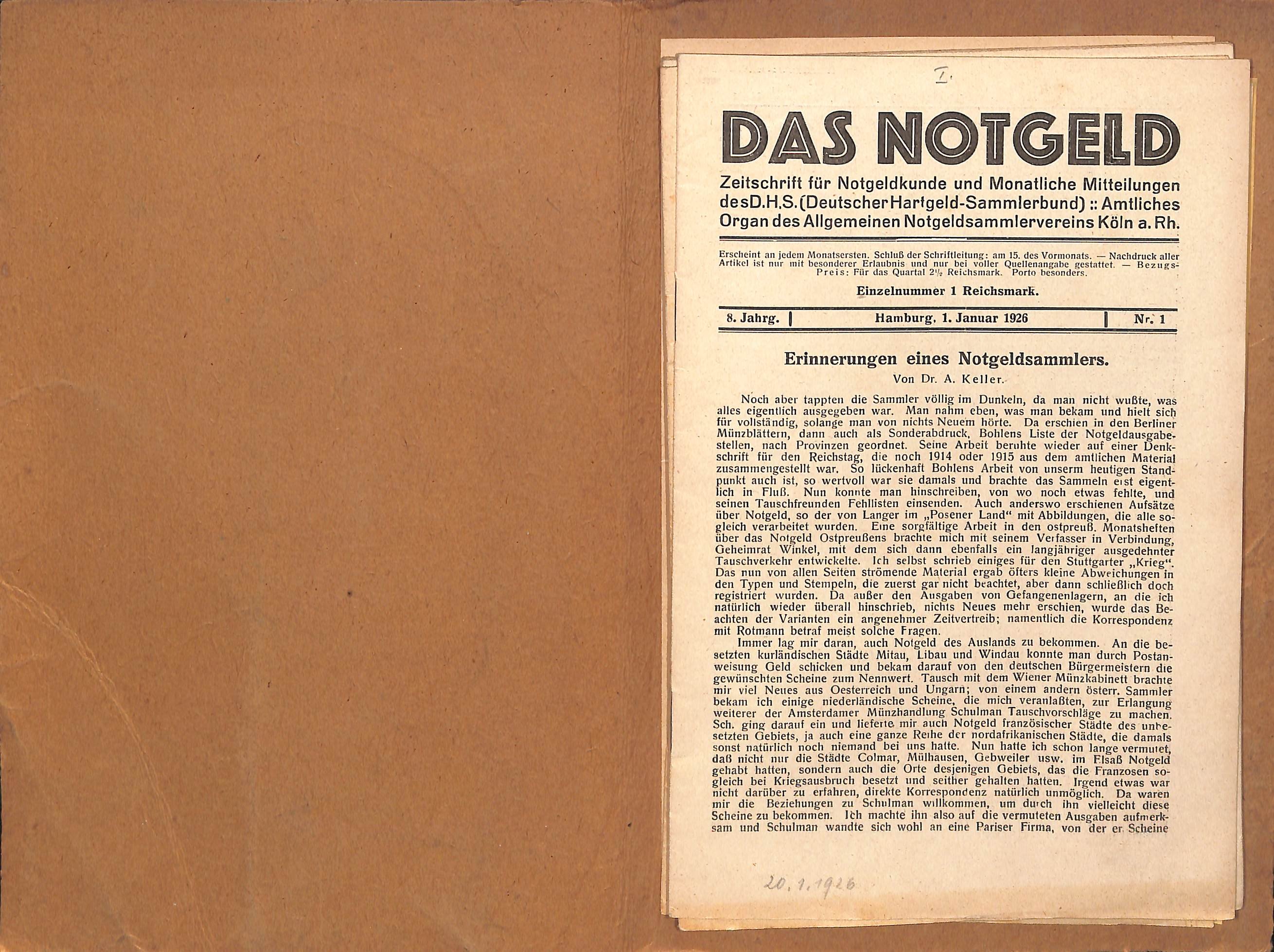 Das Notgeld, Nr. 1-6, 8. Jahrgang, 1926, komplett; Deutsche Hartgeldsammler Zeitung, Nr. 1-6, 1926, komplett (HEIMATWELTEN Zwönitz - Raritätensammlung Bruno Gebhardt CC BY-NC-SA)