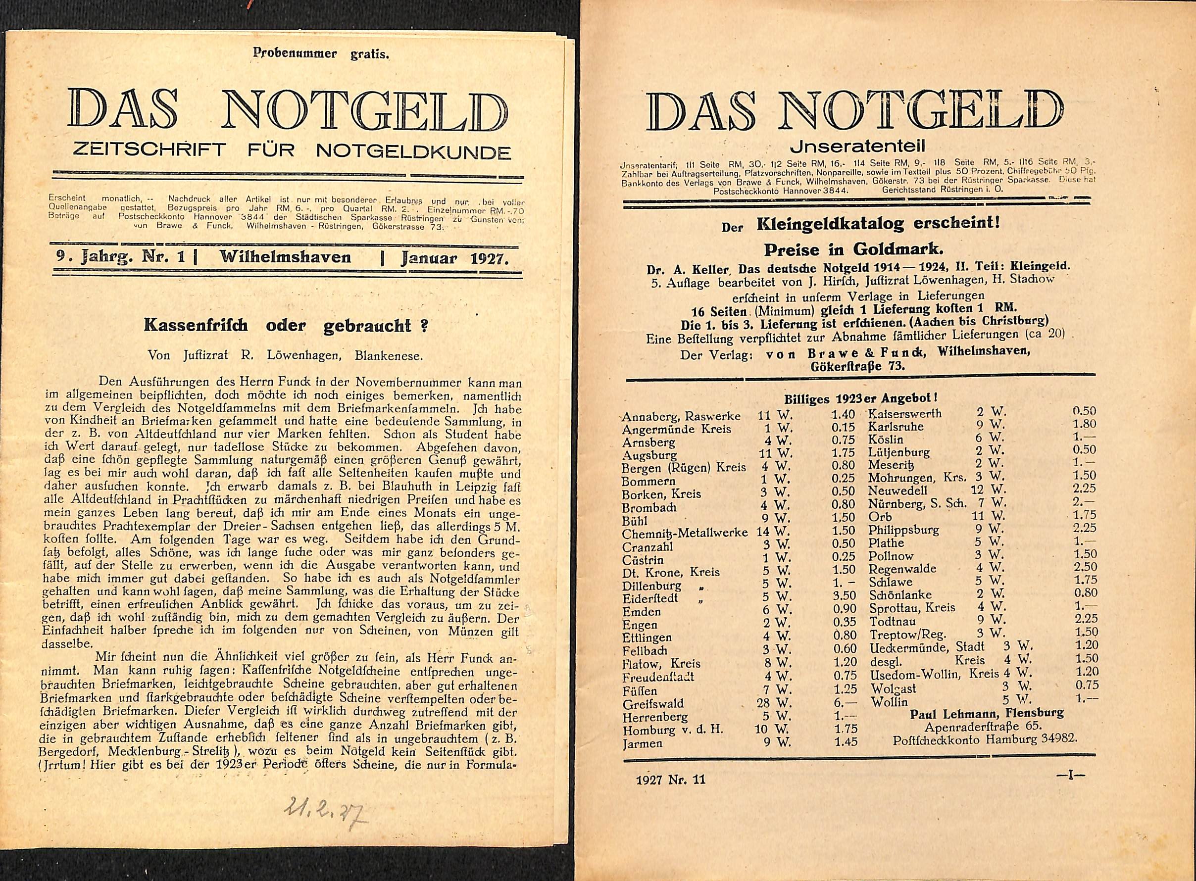 Das Notgeld, Nr. 1 und Nr. 12 Jahrgang 9, 1927 (Heimatwelten Zwönitz CC BY-NC-SA)