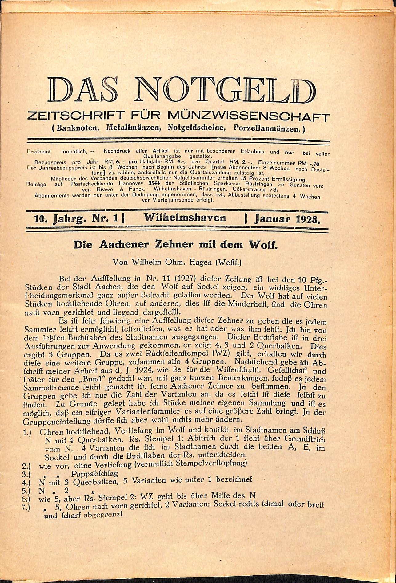 Das Notgeld - Zeitschrift für Münzwissenschaft 10 Jahrgang, Wilhelmshaven 1928 (HEIMATWELTEN Zwönitz - Raritätensammlung Bruno Gebhardt CC BY-NC-SA)