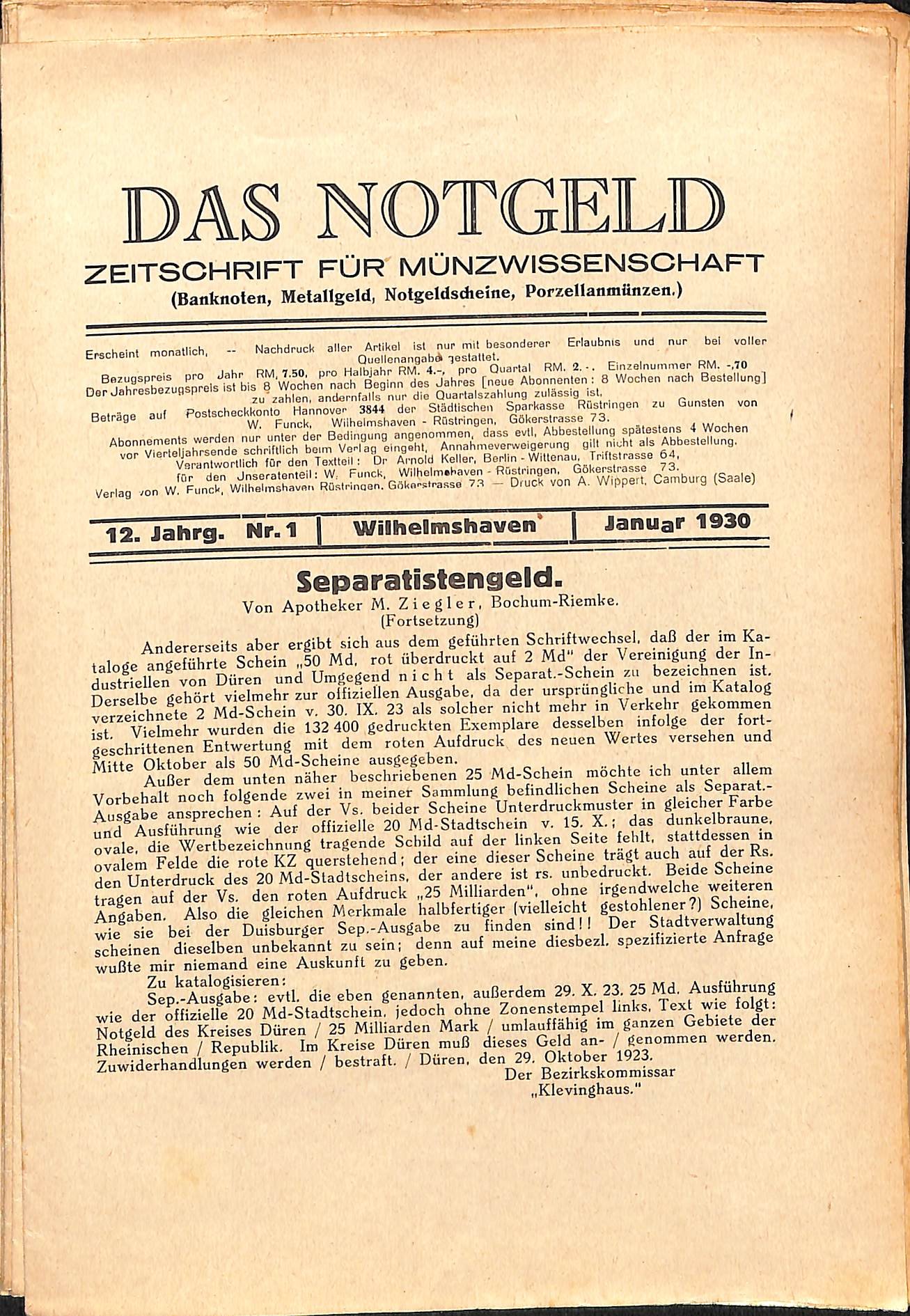 Das Notgeld - Zeitschrift für Münzwissenschaft 10. Jahrgang, Wilhelmshaven 1930 (Heimatwelten Zwönitz CC BY-NC-SA)