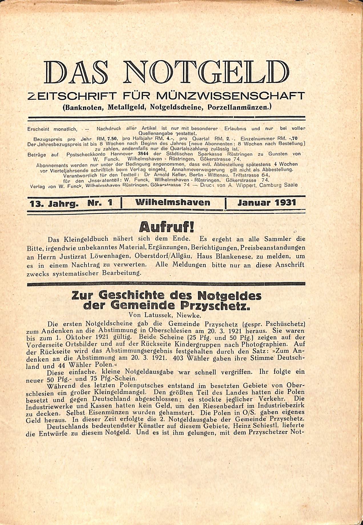 Das Notgeld - Zeitschrift für Münzwissenschaft 10. Jahrgang, Wilhelmshaven 1931 (Heimatwelten Zwönitz CC BY-NC-SA)
