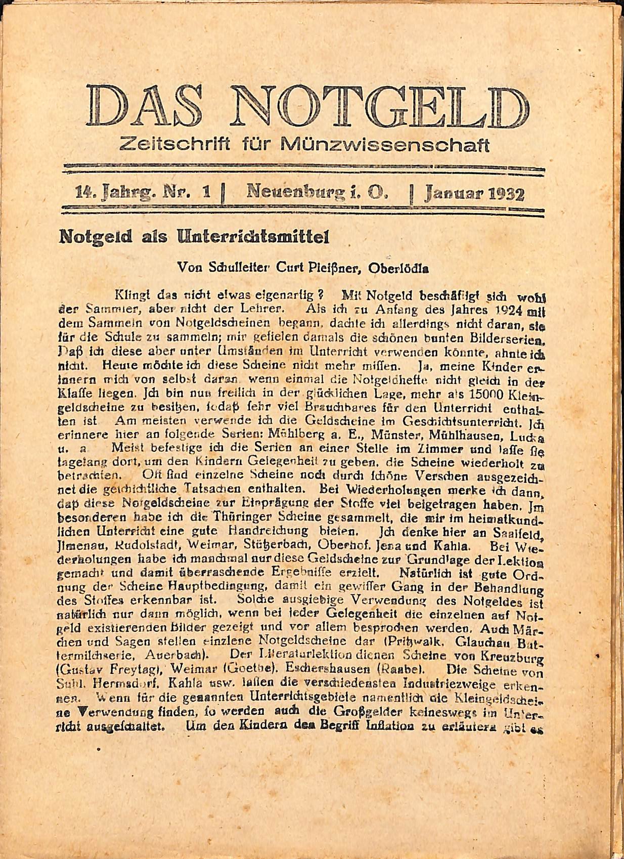 Das Notgeld - Zeitschrift für Münzwissenschaft 10. Jahrgang, Wilhelmshaven 1932 (Heimatwelten Zwönitz CC BY-NC-SA)