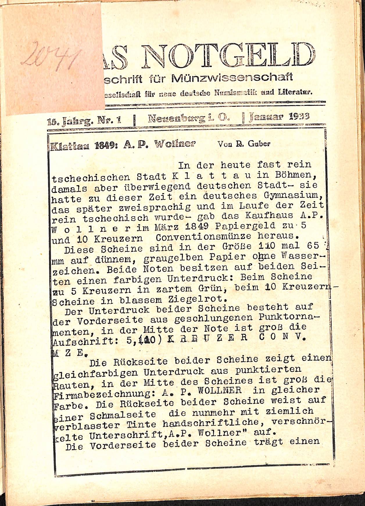 Das Notgeld - Zeitschrift für Münzwissenschaft 15. Jahrgang, Neuenburg am Rhein 1933 (Heimatwelten Zwönitz CC BY-NC-SA)
