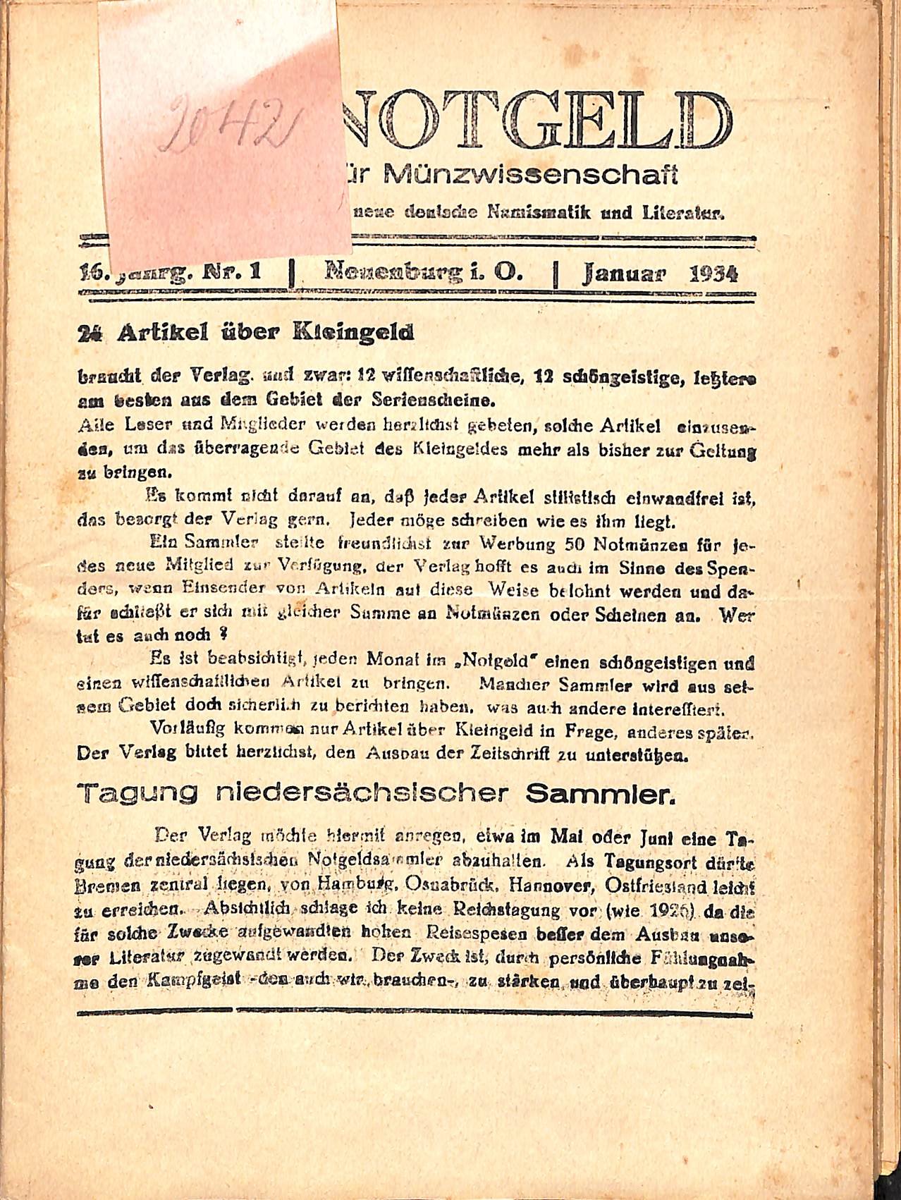 Das Notgeld - Zeitschrift für Münzwissenschaft 16. Jahrgang, Neuenburg am Rhein 1934 (Heimatwelten Zwönitz CC BY-NC-SA)