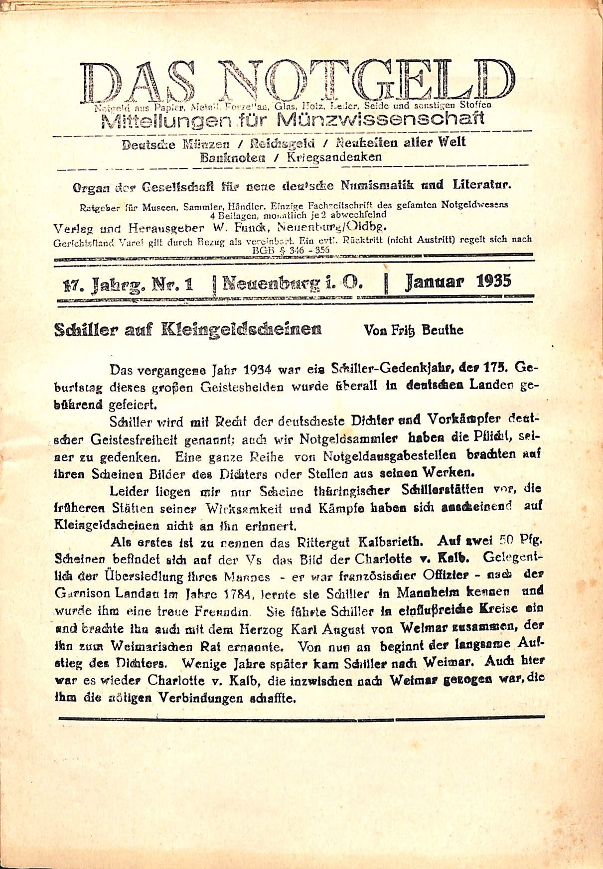 Das Notgeld - Zeitschrift für Münzwissenschaft 17. Jahrgang, Neuenburg am Rhein 1935 (Heimatwelten Zwönitz CC BY-NC-SA)