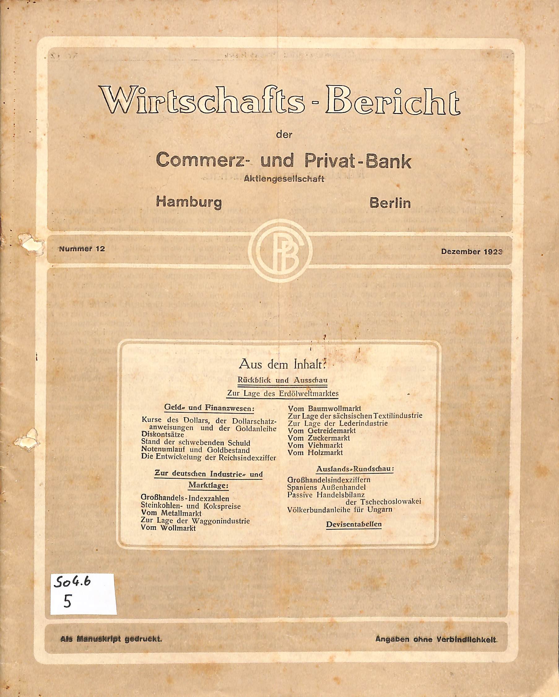 Wirtschafts-Bericht der Commerz- und Privatbank AG Hamburg - Berlin 1923 (Heimatwelten Zwönitz CC BY-NC-SA)