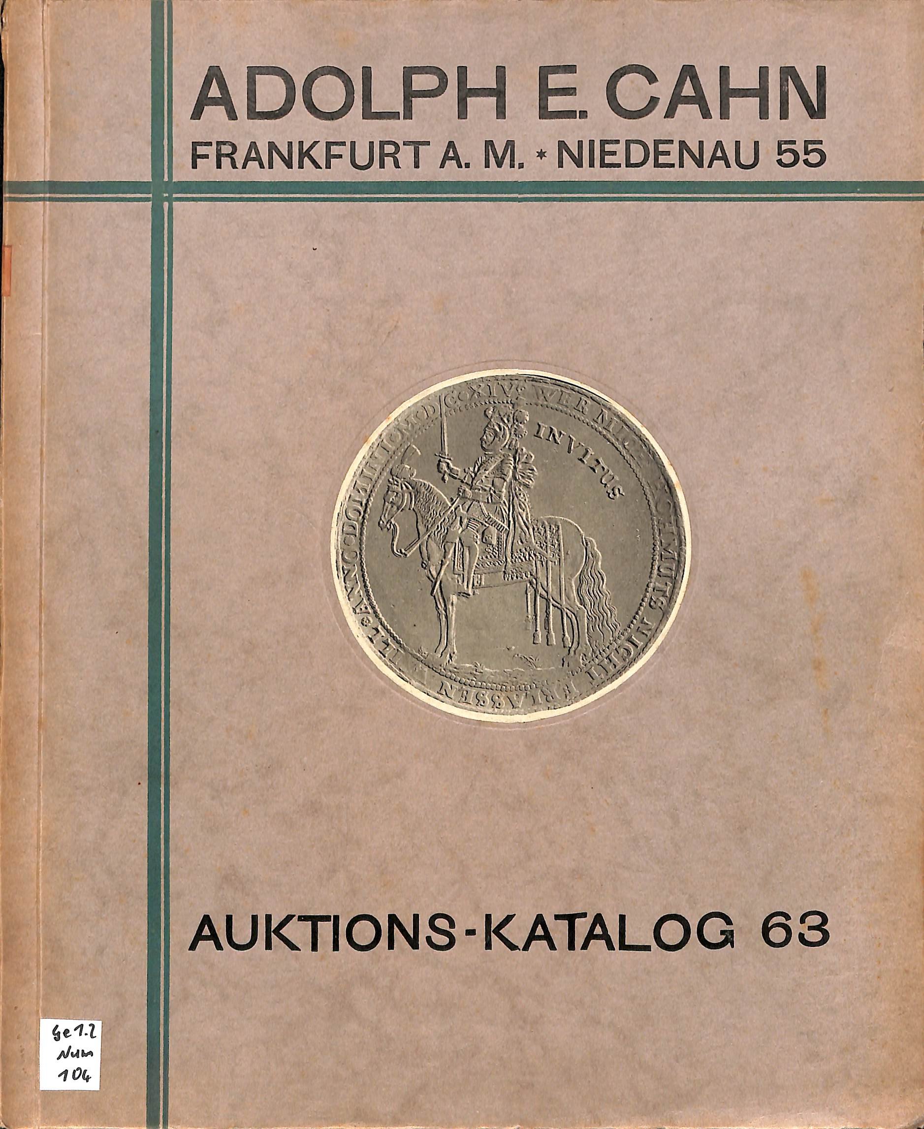 Adolph E. Cahn, Versteigerungs-Katalog No. 63, 1929 (Heimatwelten Zwönitz CC BY-NC-SA)