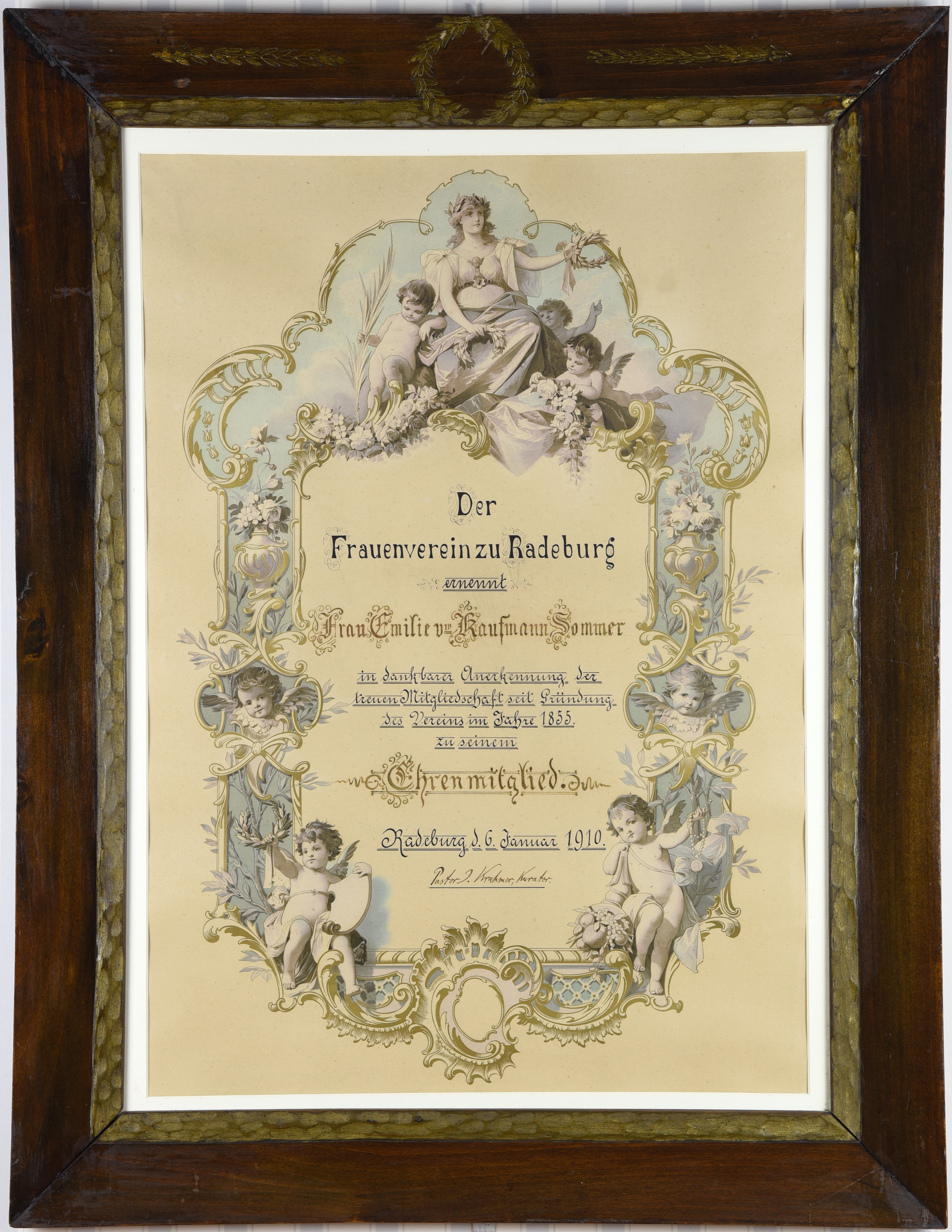 Ehrenurkunde des Frauenvereins für Emilie Sommer (Heimatmuseum Radeburg, Heinrich-Zille-Kabinett CC BY-NC-SA)