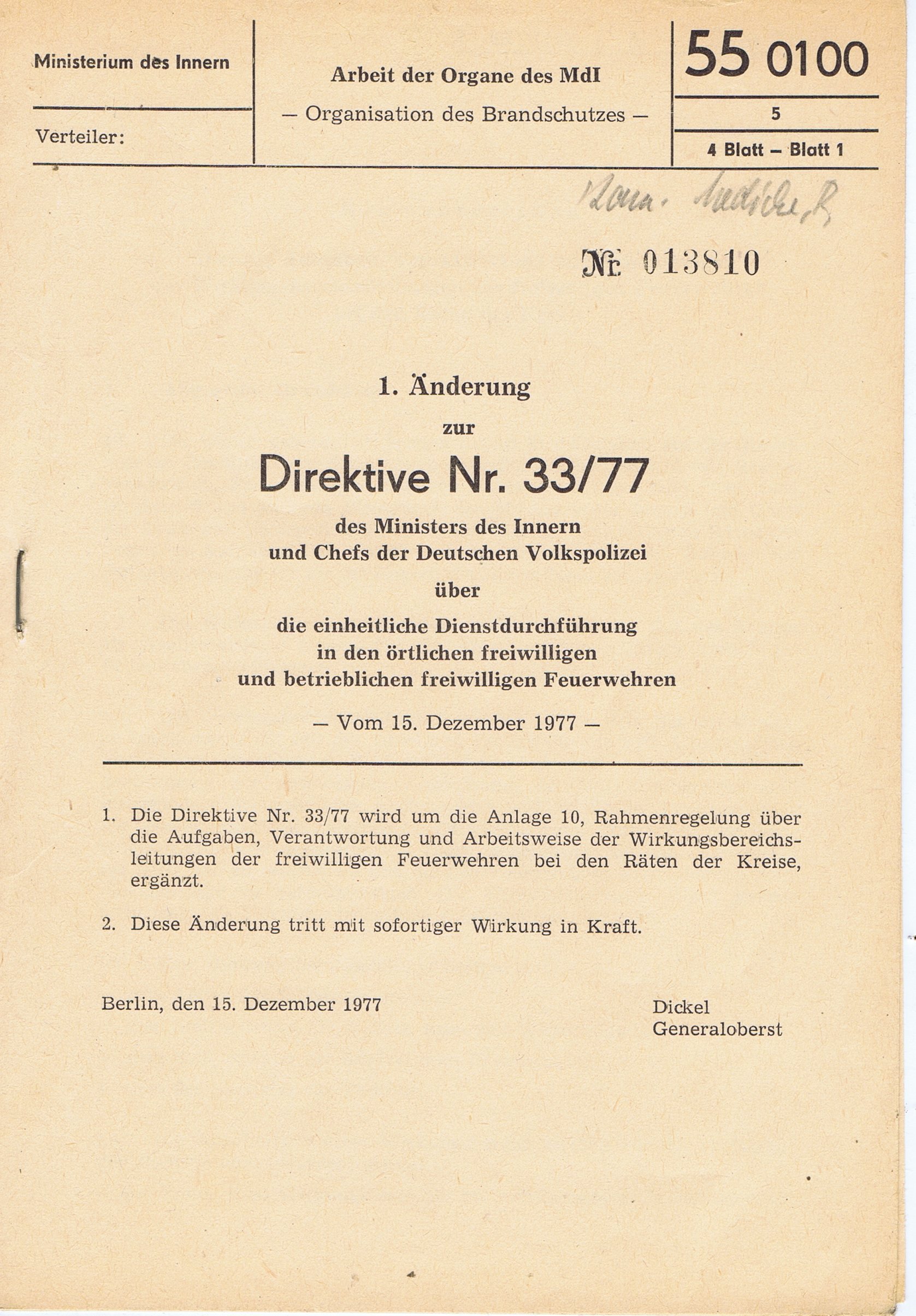 1. Änderung zur Direktive Nr. 33/77 (Feuerwehrmuseum Grethen CC BY-NC-SA)