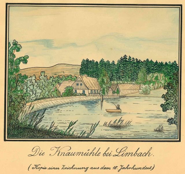 Zeichnung der ursprüngliche Knaumühle in Limbach/Sa. , Kopie einer Zeichnung, auf Papier, aus dem 18. Jahrhundert. (Museen der Stadt Limbach-Oberfrohna Esche-Museum CC BY-NC-SA)