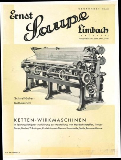 Maschinenprospekt zu Schnellläufer-Kettenstuhl, der Fa. Ernst Saupe, Maschinenfabrik-Limbach, gegründet 1863 in Limbach/Sa. (Museen der Stadt Limbach-Oberfrohna Esche-Museum CC BY-NC-SA)