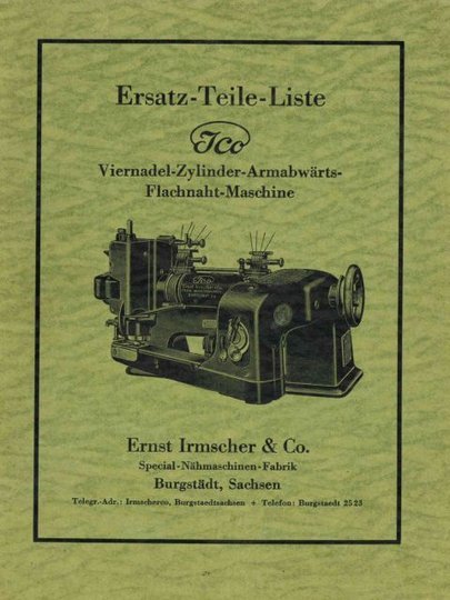 Ersatzteilliste der Fa. Ernst Irmscher & Co., Spezialnähmaschinenfabrik Burgstädt zu Viernadel-Zylinder-Armabwärts-Flachnahtmaschine. (Museen der Stadt Limbach-Oberfrohna Esche-Museum CC BY-NC-SA)