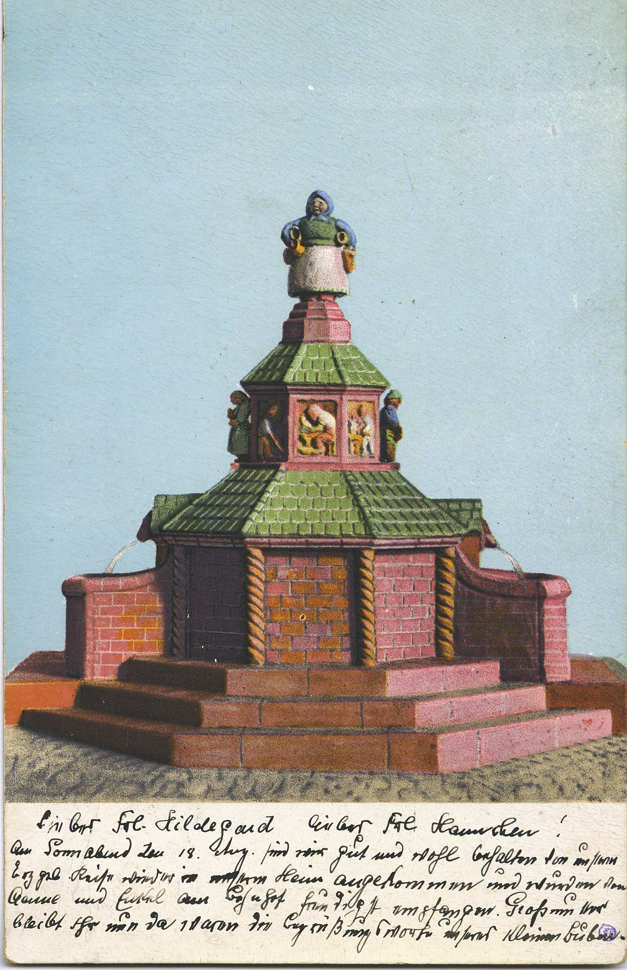 Postkarte mit Modell des Töpferbrunnens (Museen Kohren-Sahlis - Töpfermuseum CC BY-NC-SA)
