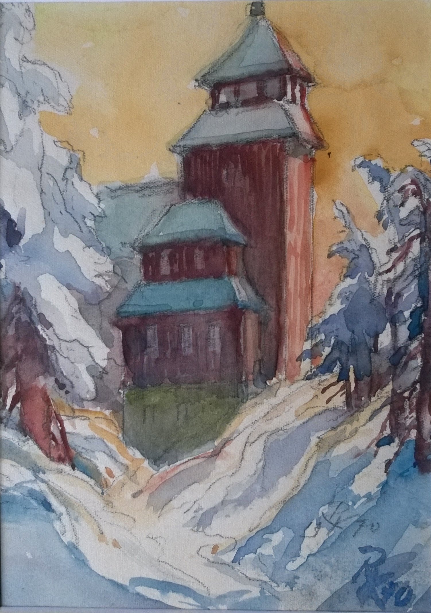 Aquarell von Robert Kluge: Der Turm des alten Fichtelberghauses (Wiesenthaler K3 RR-R)