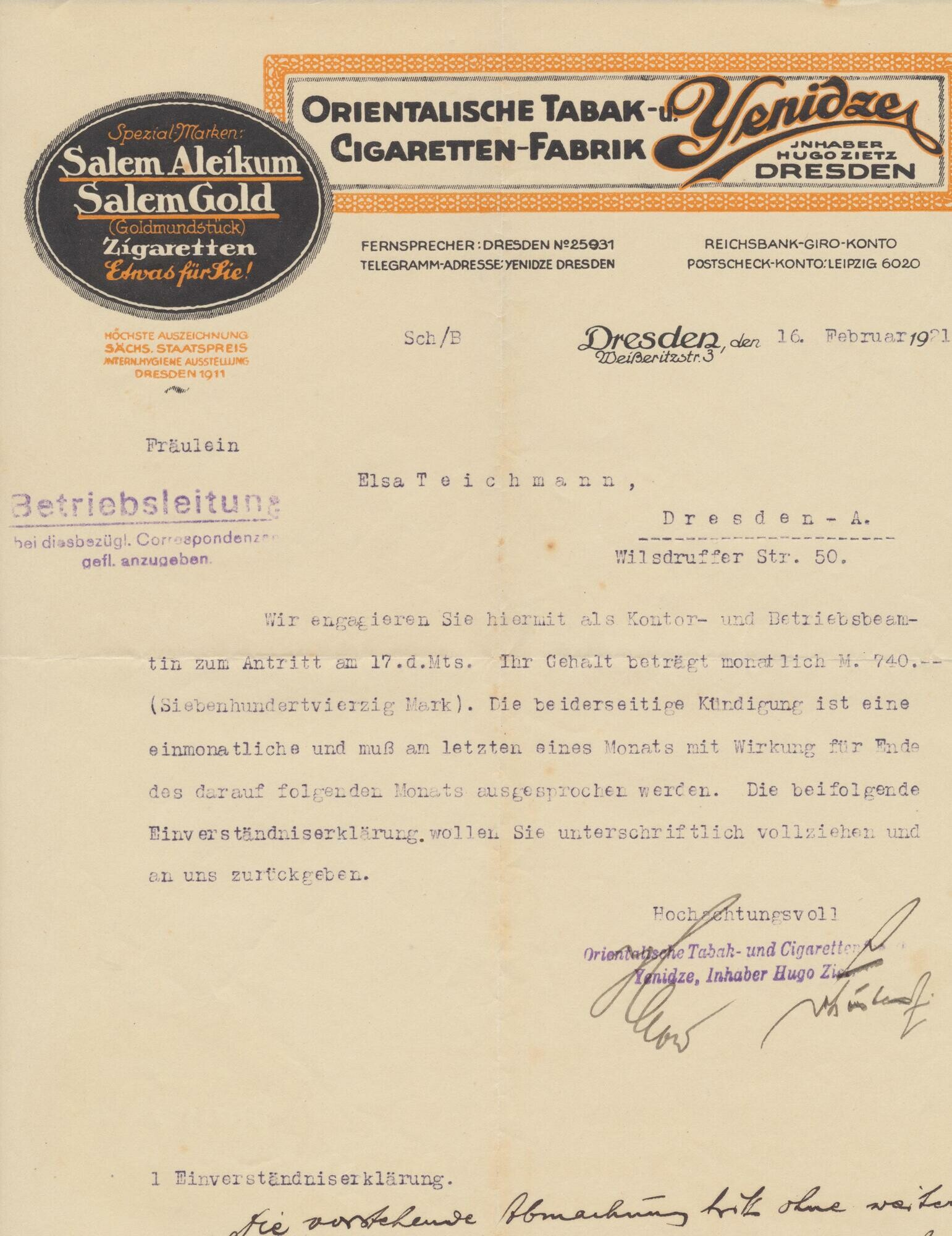 Anstellungserklärung der Zigarettenfabrik Yenidze für Elsa Teichmann (Kontorbeamtin) (Stadtmuseum Dresden CC BY-NC-ND)