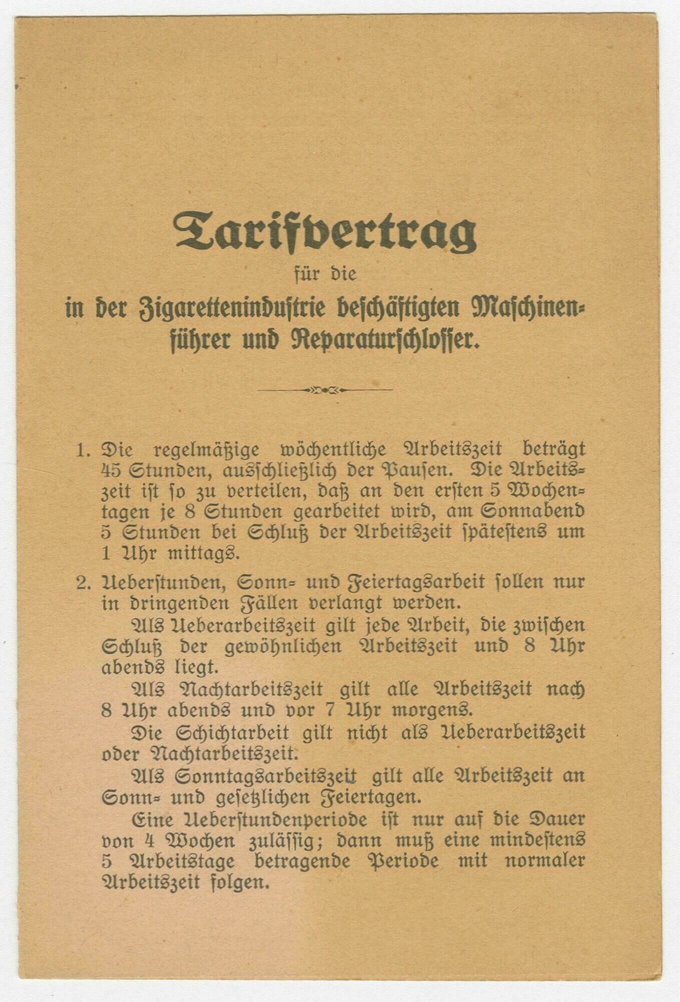 Tarifvertrag für die in der Zigarettenindustrie beschäftigten Maschinenführer und Reparaturschlosser (Stadtmuseum Dresden CC BY-NC-ND)