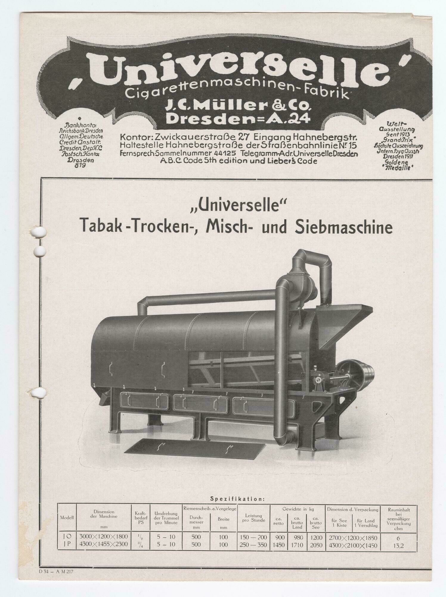 Technische Daten zur "Universelle" Tabak-Trocken-, Misch- und Siebmaschine (Stadtmuseum Dresden CC BY-NC-ND)