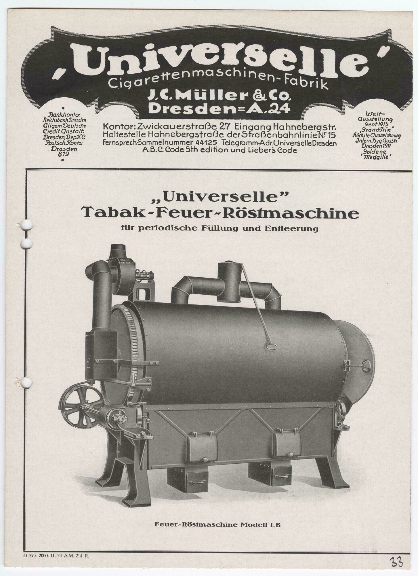 Technische Daten zur "Universelle" Tabak-Feuer-Röstmaschine (Stadtmuseum Dresden CC BY-NC-ND)