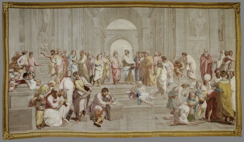 „Die Schule von Athen“, Gobelin aus der Serie „Les Chambres du Vatican“ (Grassi Museum für Angewandte Kunst CC BY-NC-SA)