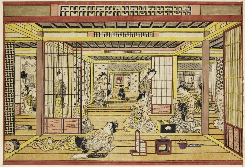 Das Freudenhaus Daimonjiya im Shin Yoshiwara-Distrikt von Edo (Grassi Museum für Angewandte Kunst CC BY-NC-SA)