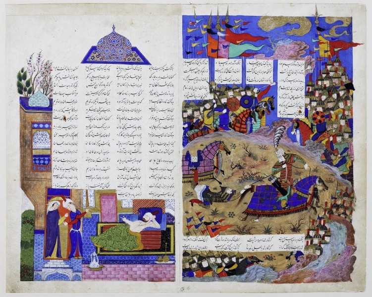 Zwei Illustrationen aus einem Schahname-Manuskript: Prinzessin Tahmina besucht Rustam, Rustam besiegt einen arabischen H (Grassi Museum für Angewandte Kunst CC BY-NC-SA)
