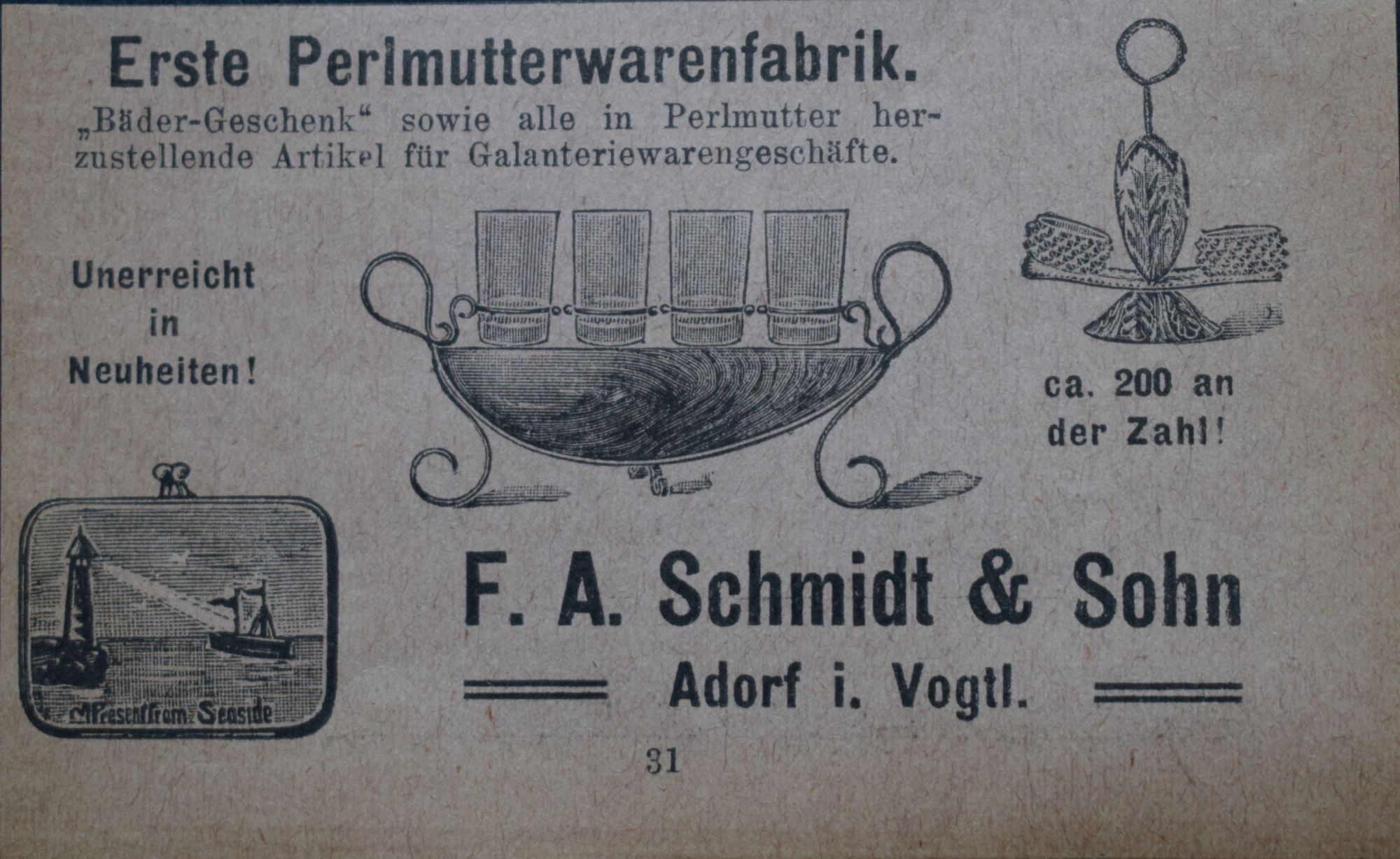 Werbeanzeige der Perlmutterfirma Schmidt (Perlmutter- und Heimatmuseum Adorf CC BY-NC-SA)