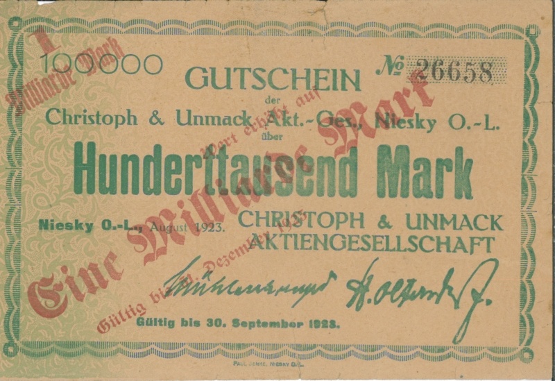 Hunderttausend Mark-Gutschein der Christoph & Unmack AG (Museum Niesky CC BY-NC-ND)