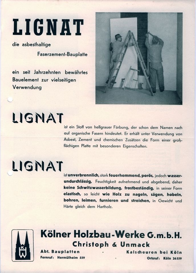Werbeblatt Lignat die asbesthaltige Faserzement-Bauplatte (Museum Niesky Forum Konrad-Wachsmann-Haus CC BY-NC-ND)