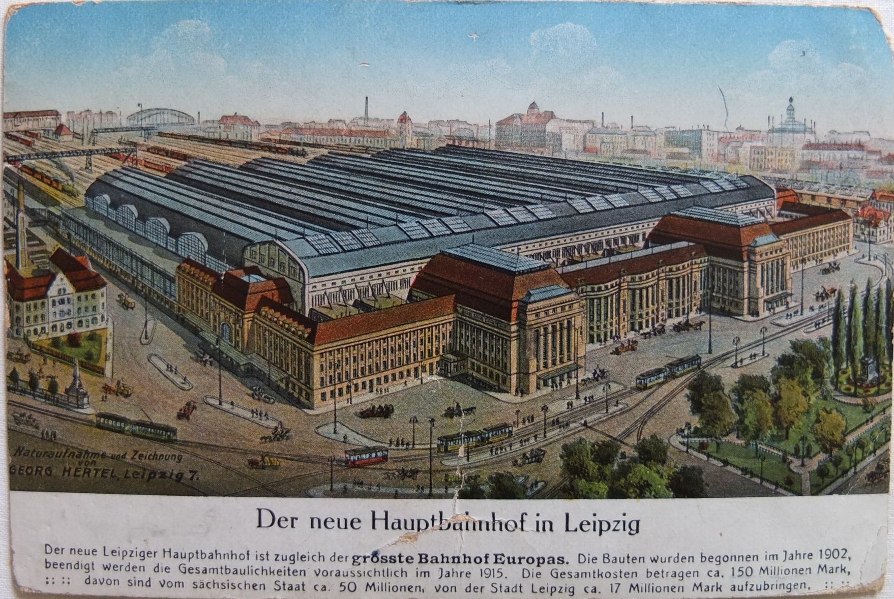 Postkarte mit Ansicht des Hauptbahnhofes in Leipzig (Museum Steinarbeiterhaus Hohburg CC BY-NC-SA)