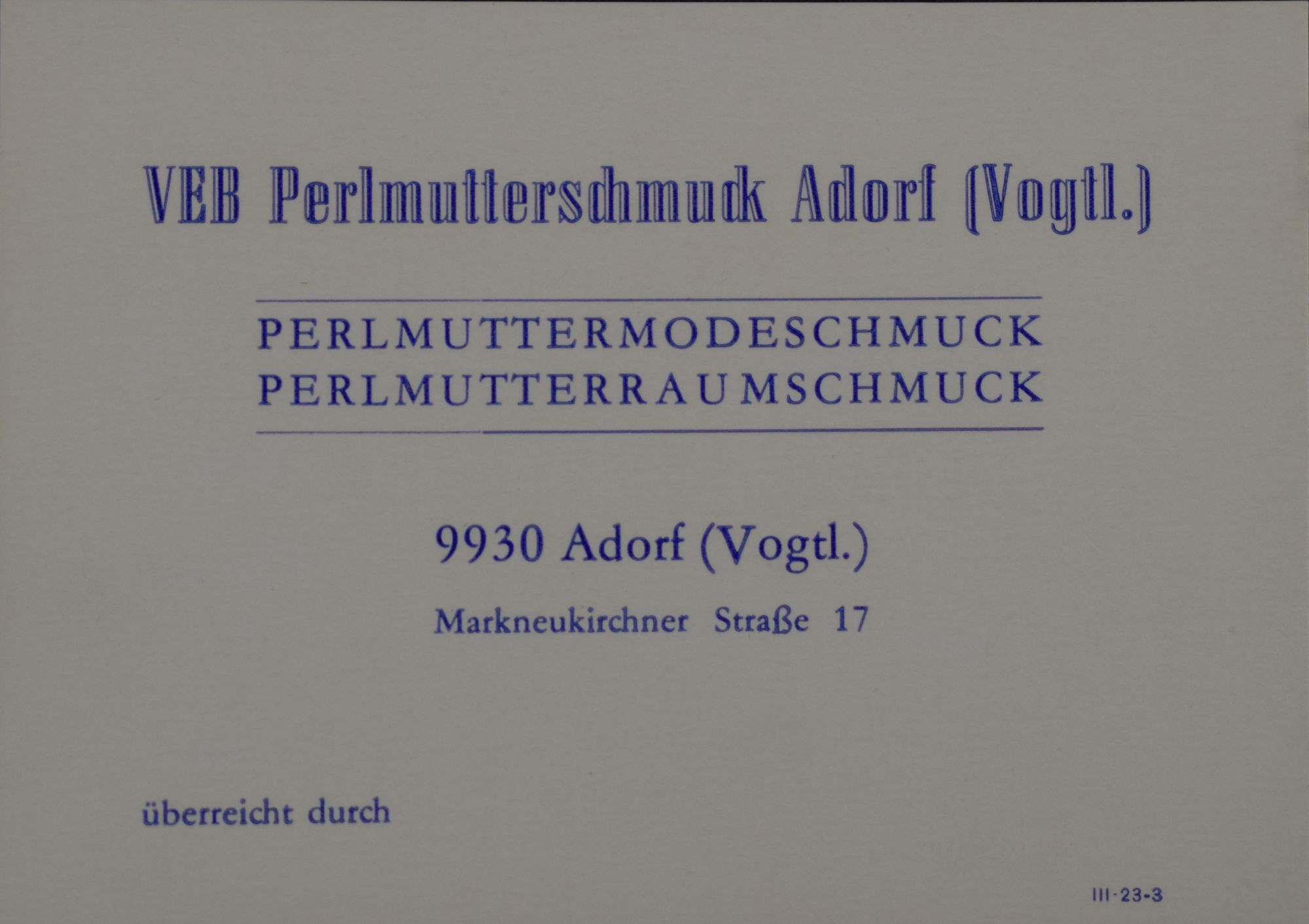 Visitenkarte der Firma VEB Perlmutterschmuck Adorf (Perlmutter- und Heimatmuseum Adorf CC BY-NC-SA)