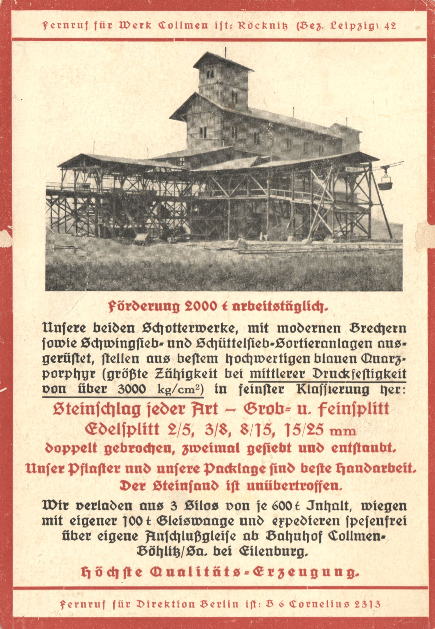 Werbepostkarte der Collmener Quarzporphyr-Steinbrüche (Museum Steinarbeiterhaus Hohburg CC BY-NC-SA)
