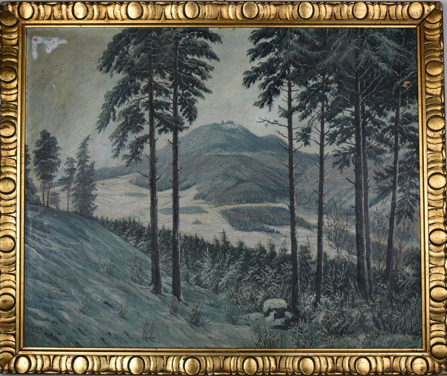 Gemälde "Ansicht der Lausche im Winter" (Deutsches Damast- und Frottiermuseum CC BY-NC-ND)