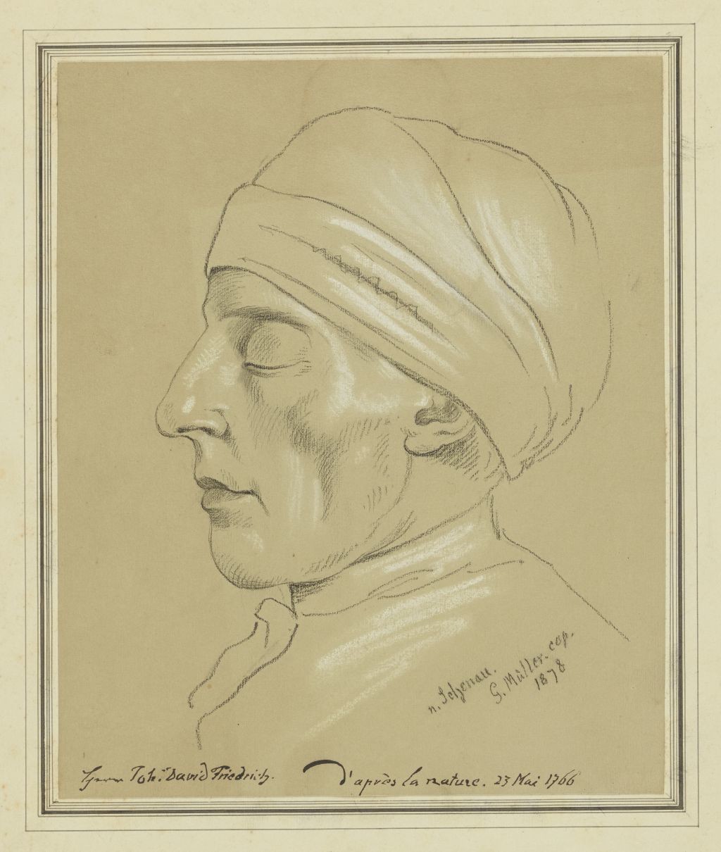 Kopf von Johann David Friedrich im Profil nach links mit geschlossenen Augen und Hausmütze (Deutsches Damast- und Frottiermuseum CC BY-NC-ND)