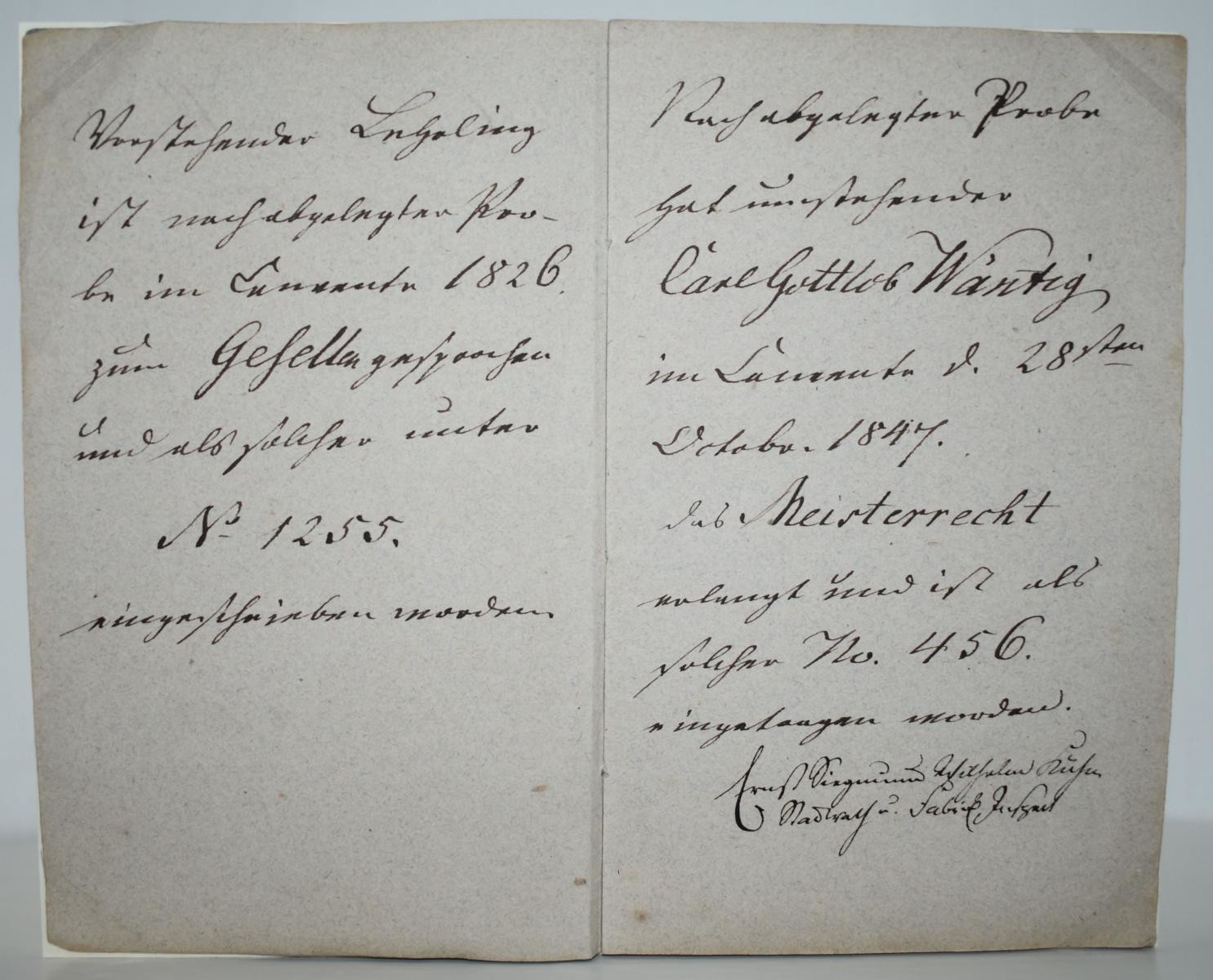 Nachweisbuch für Carl Gottlob Waentig über die Aufnahme in die Großschönauer Damastmanufaktur (Deutsches Damast- und Frottiermuseum CC BY-NC-ND)