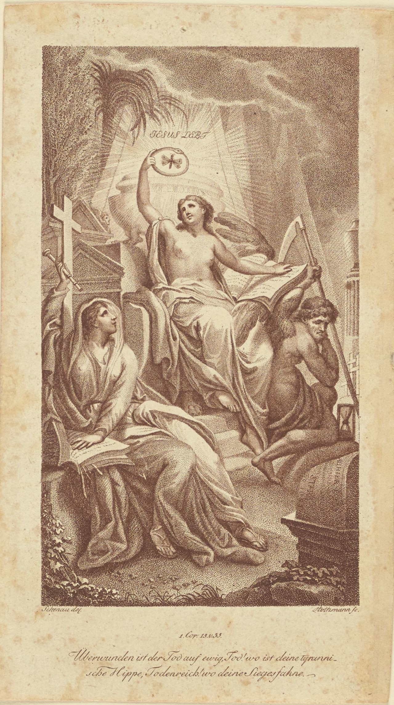 Allegorie auf die Überwindung des Todes, 1797 (Deutsches Damast- und Frottiermuseum CC BY-NC-ND)