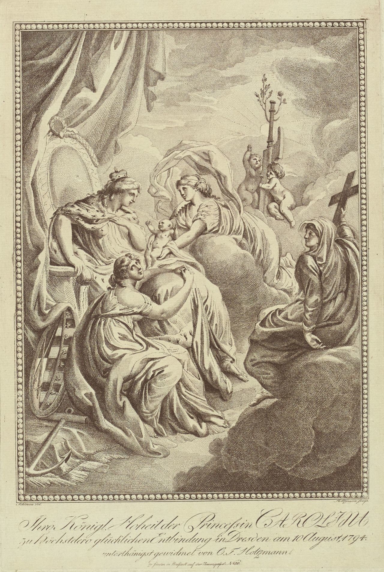 Allegorie auf die Entbindung der sächsischen Prinzessin Caroline, 1794 (Deutsches Damast- und Frottiermuseum CC BY-NC-ND)