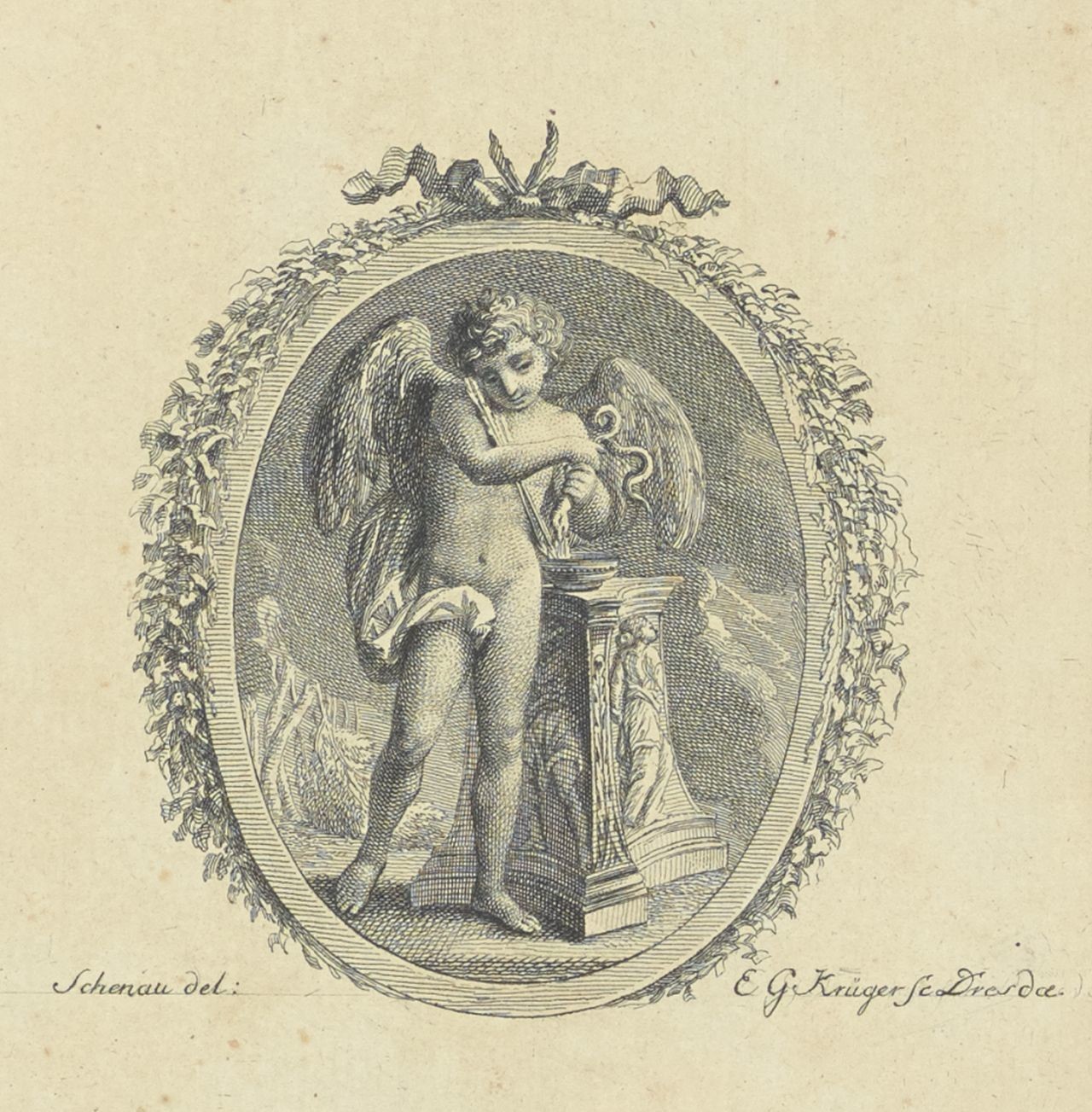 Amor am Altar, ovales Medaillon, bekränzt und mit einer Schleife geschmückt (Deutsches Damast- und Frottiermuseum CC BY-NC-ND)