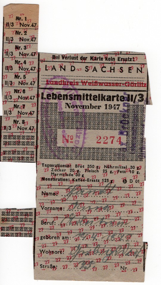 Lebensmittelkarte 1947 (Museum Niesky Johann-Raschke-Haus CC BY-NC-ND)