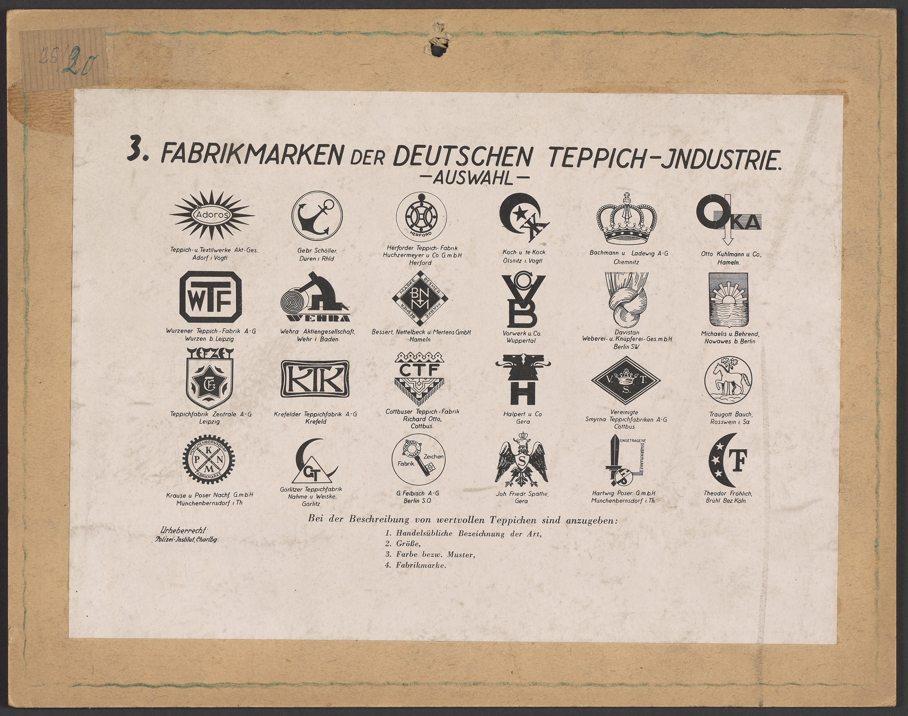 Lehrtafel "Auswahl-Fabrikmarken der Deutschen Teppich Industrie" (Polizeidirektion Dresden RR-F)